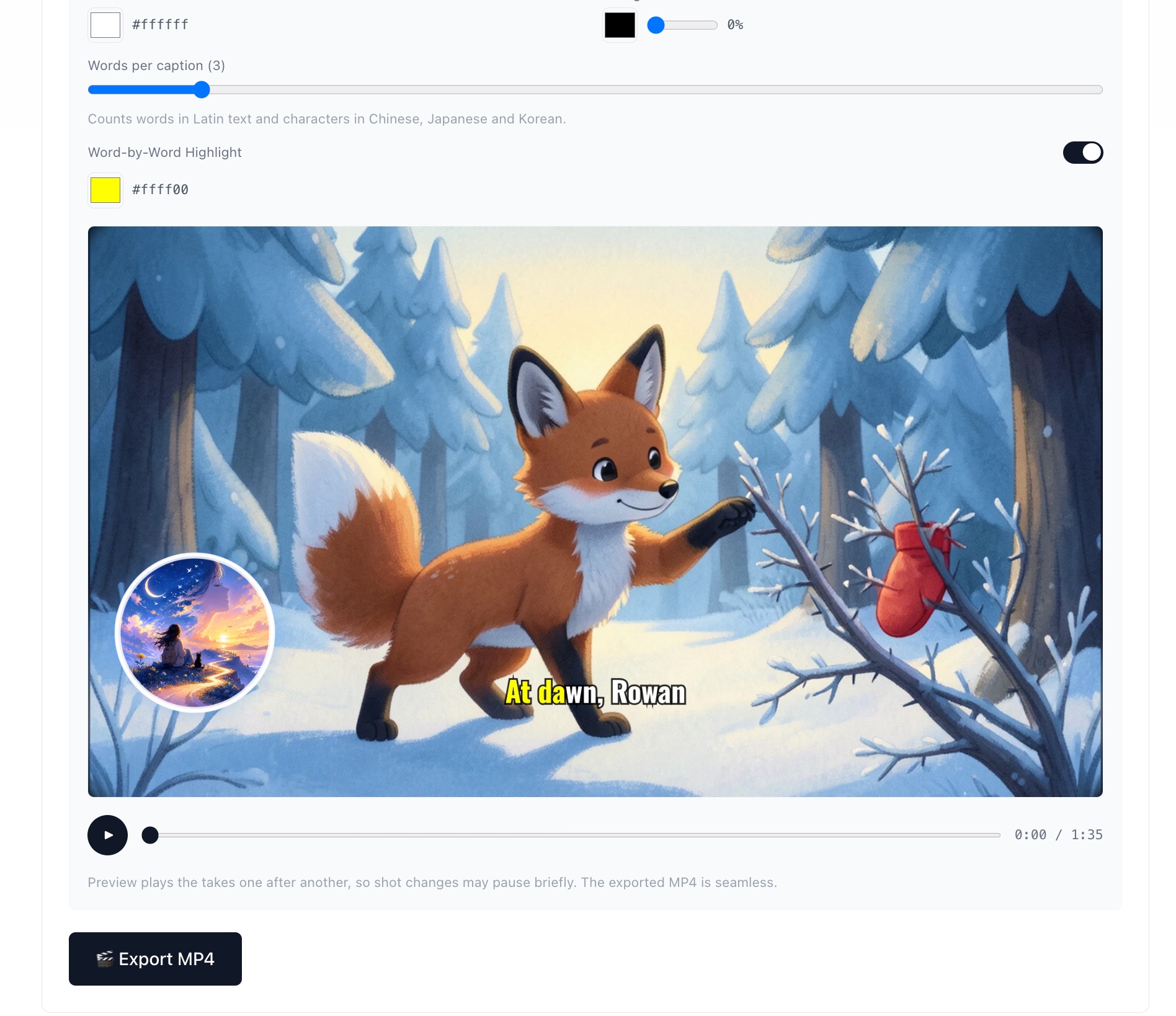 Screenshot of the export panel: subtitle settings above a live preview canvas showing a storybook fox with a word-by-word highlighted caption and a circular avatar overlay, with play controls reading 0:00 / 1:35 and an Export MP4 button