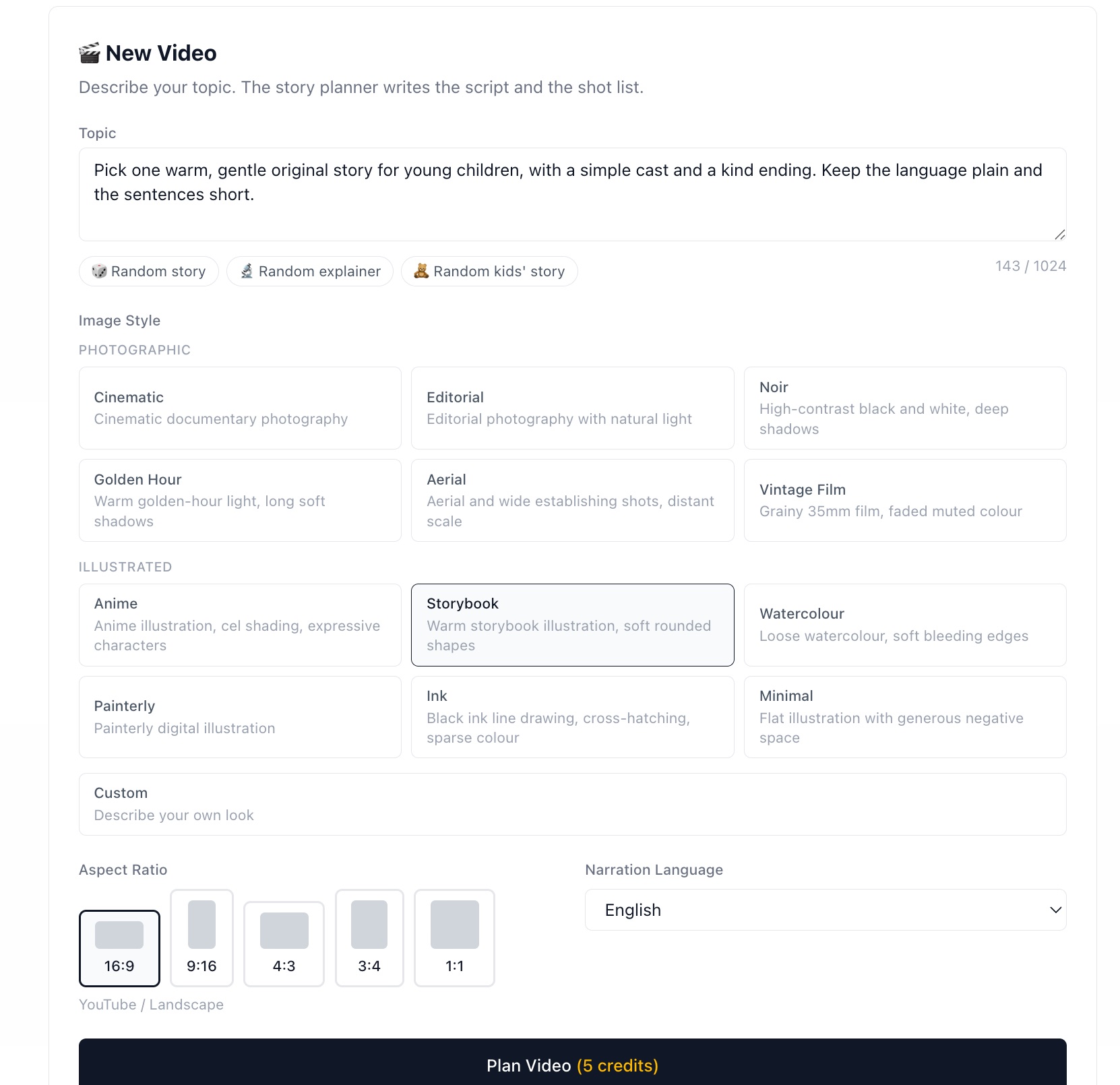 Screenshot of the New Video planner: a topic box with three quick-start buttons, twelve style presets grouped into Photographic and Illustrated, aspect ratio options from 16:9 to 1:1, a narration language dropdown and a Plan Video button