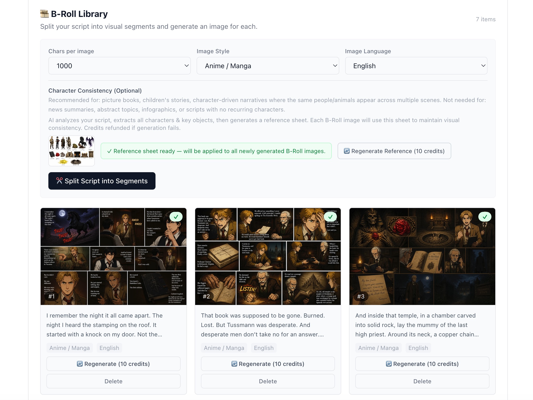 Screenshot of B-Roll Library showing image style selector set to Anime/Manga, a grid of 3 generated anime-style images for different script segments, each with Regenerate and Delete buttons