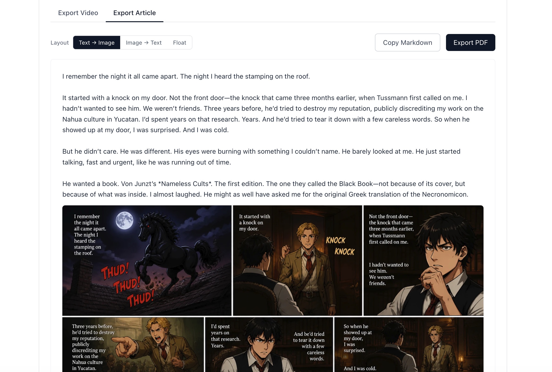 Screenshot of Export Article tab showing Text to Image layout mode selected, with the script text displayed above anime-style B-Roll images, Copy Markdown and Export PDF buttons in the top right