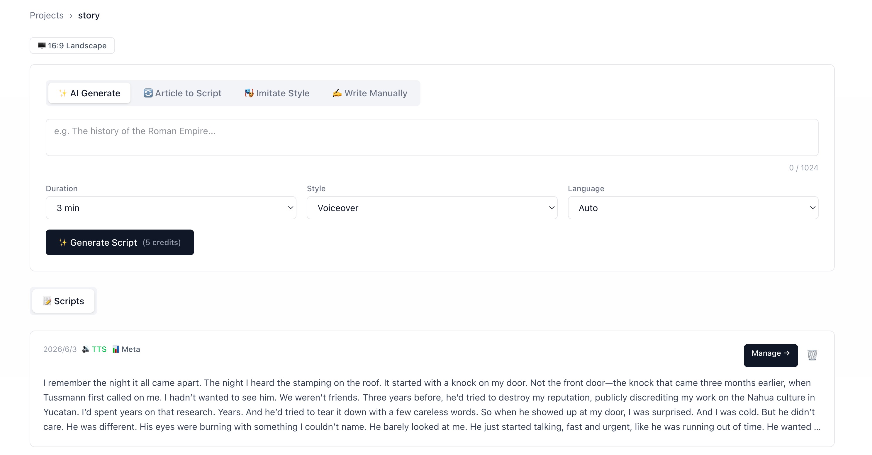 Screenshot of AI script generator showing 4 modes: AI Generate, Article to Script, Imitate Style, Write Manually — with topic input field and duration/style selectors