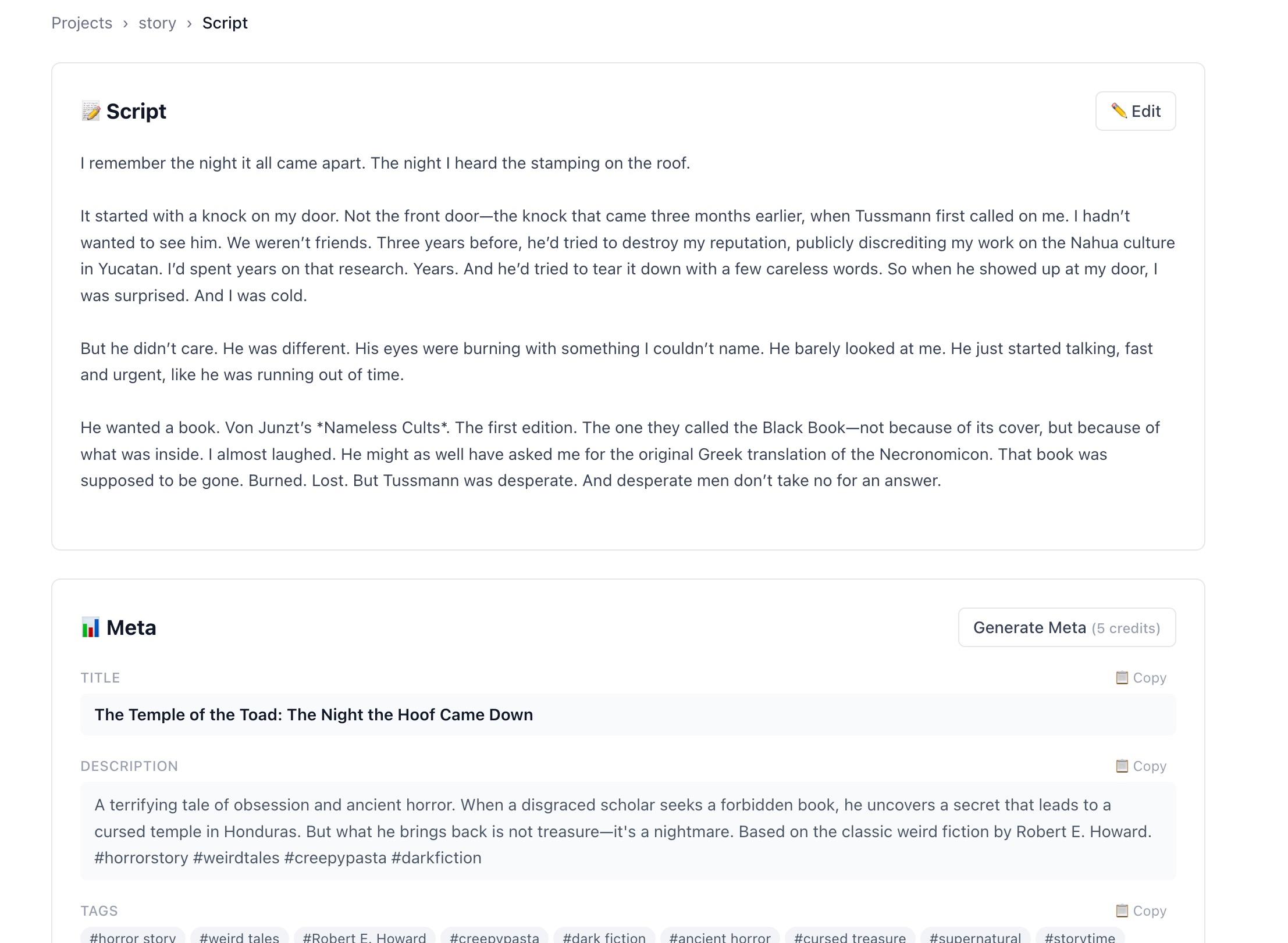 Screenshot of Meta section showing generated YouTube title 'The Temple of the Toad: The Night the Hoof Came Down', description with hashtags, Tags section with horror-related hashtags, TikTok/Instagram caption, and Hook Text