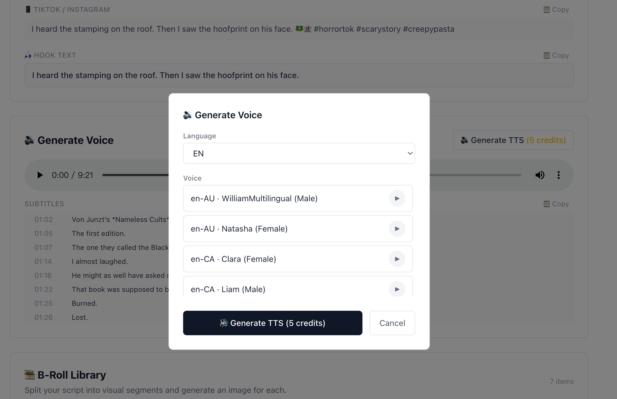 Screenshot of TTS voice selection modal showing language selector set to EN and a list of voices: en-AU WilliamMultilingual, en-AU Natasha, en-CA Clara, en-CA Liam with play buttons and Generate TTS button