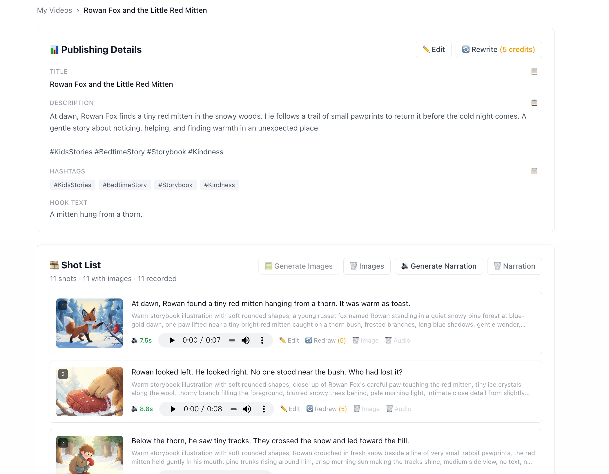 Screenshot of a project page showing Publishing Details above a shot list of 11 shots, each row with its generated storybook illustration, narration line, English image prompt, and Edit, Redraw and delete controls