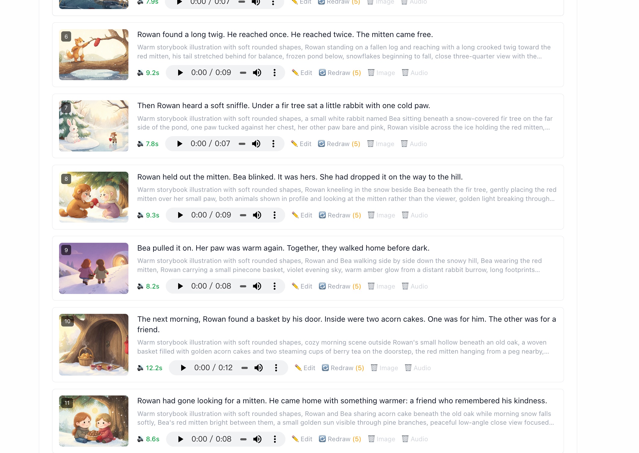 Screenshot of six shot rows, each showing its illustration, the spoken narration line, the English image prompt and an inline audio player with the take duration